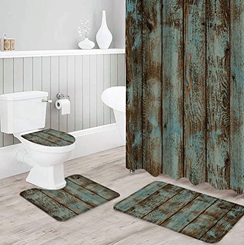 ZDDWLDL 4Pcs Duschvorhänge Set Mit Rutschfesten Teppichen,Toilettendeckel und Badematte Grünbraune Altholzmaserung…