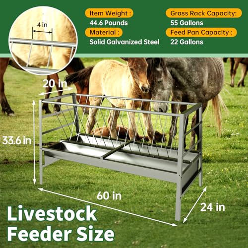 Livestock Feeder 60\", Goat Feeders for Grain and Hay, 77 Gallon, Large Horse Feeder with Deeper Feeding Pan, Stainless Steel Feeder for Farms and Sheep Sheds