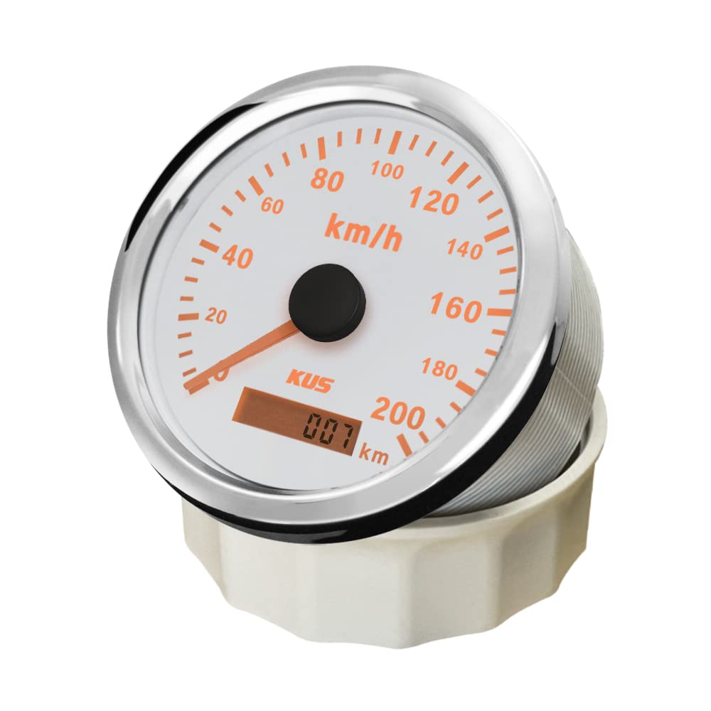 KUS Compteur de vitesse à impulsion 85mm 0-200 KM/H jauge de vitesse 9-32V avec rétro-éclairage pour camions de moto de voiture (blanc + acier inoxydable)