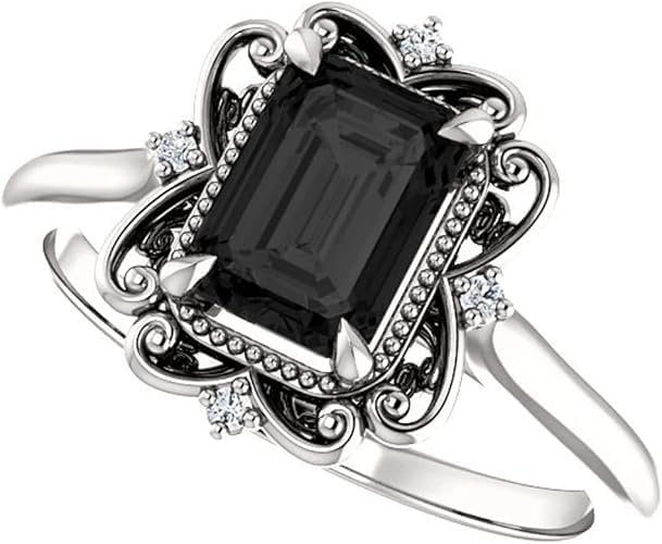 1CT-6CT Vintage Inspired Emerald Black Onyx Engagement Ring 10K White Gold, Victorian Emerald Black Diamond Antique, Filigree Ring, Diamond Wedding Ring3