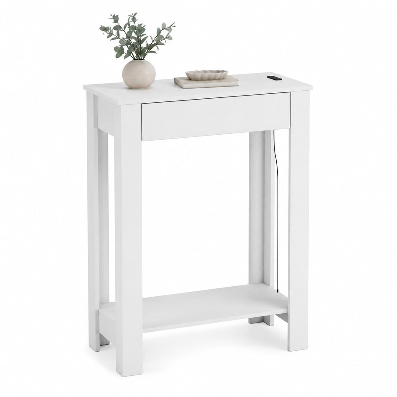 URBNLIVING Narrow Hallway Console Table USB Charging, White 1 Drawer