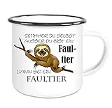 Henkel und Innenseite farbig Crealuxe Emailtasse mit Rand Sei Immer du selbst ausser du bist EIN Faultier - Kaffeetasse mit Motiv, Bedruckte Email-Tasse mit Sprüchen oder Bildern