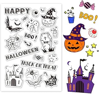 GLOBLELAND Halloween Themed Silicone Clear Stamps Pumpkin Spider Bat Ghost Grave Rubber Postage Stamp Seal for Cards Making Scrapbooking Photo Card Album Decor, 160 x 110 mm
