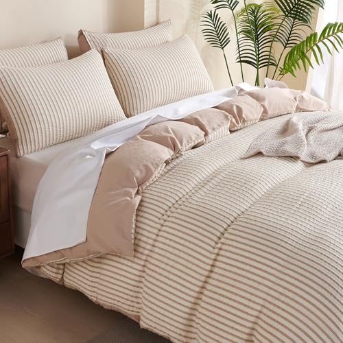 Image of Beige Striped Comforter Set Queen - 3 Pieces Bedding Comforter Set for All Season, Soft Lightweight Washed Microfiber, 1 Striped Comforter and 2 Pillowcases (Beige, Queen Size)