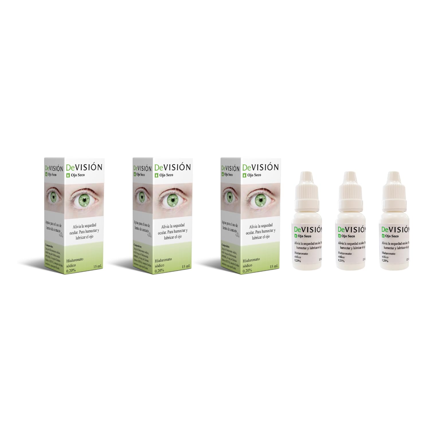DeVisión Ojo Seco 15 ml - Pack de 3 Unidades - Gotas Oftálmicas con Hialuronato Sódico 0,20% – Lubricante Ocular para Aliviar la Sequedad y Humectar los Ojos – Envase Gotero