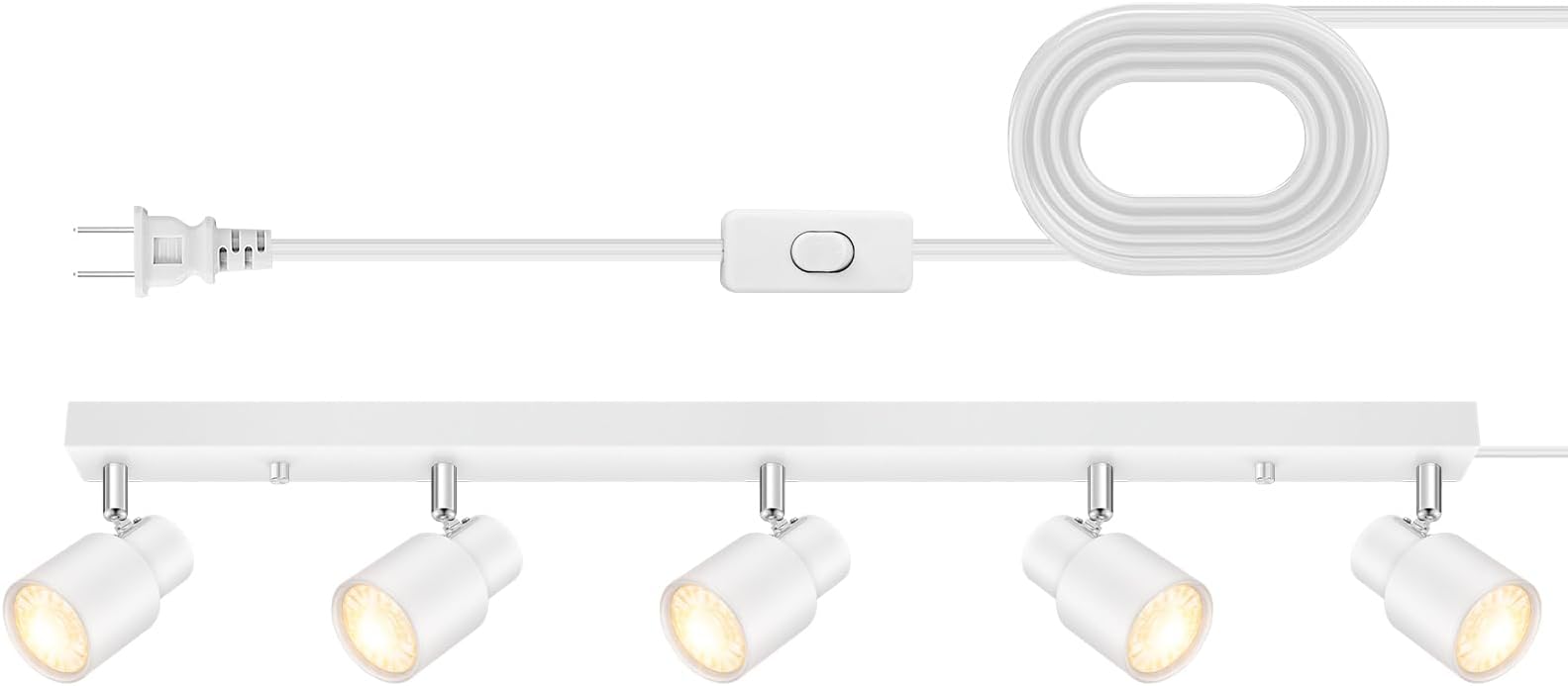 Track Lighting Plug in, 30" LED Track Light Fixtures Ceiling, White 5 Way Spotlight, Rotatable Head, Plug Wall Lights with 14.8FT Cord, Ceiling Lighting for Kitchen Hallway Bar(GU10, NO Bulb)