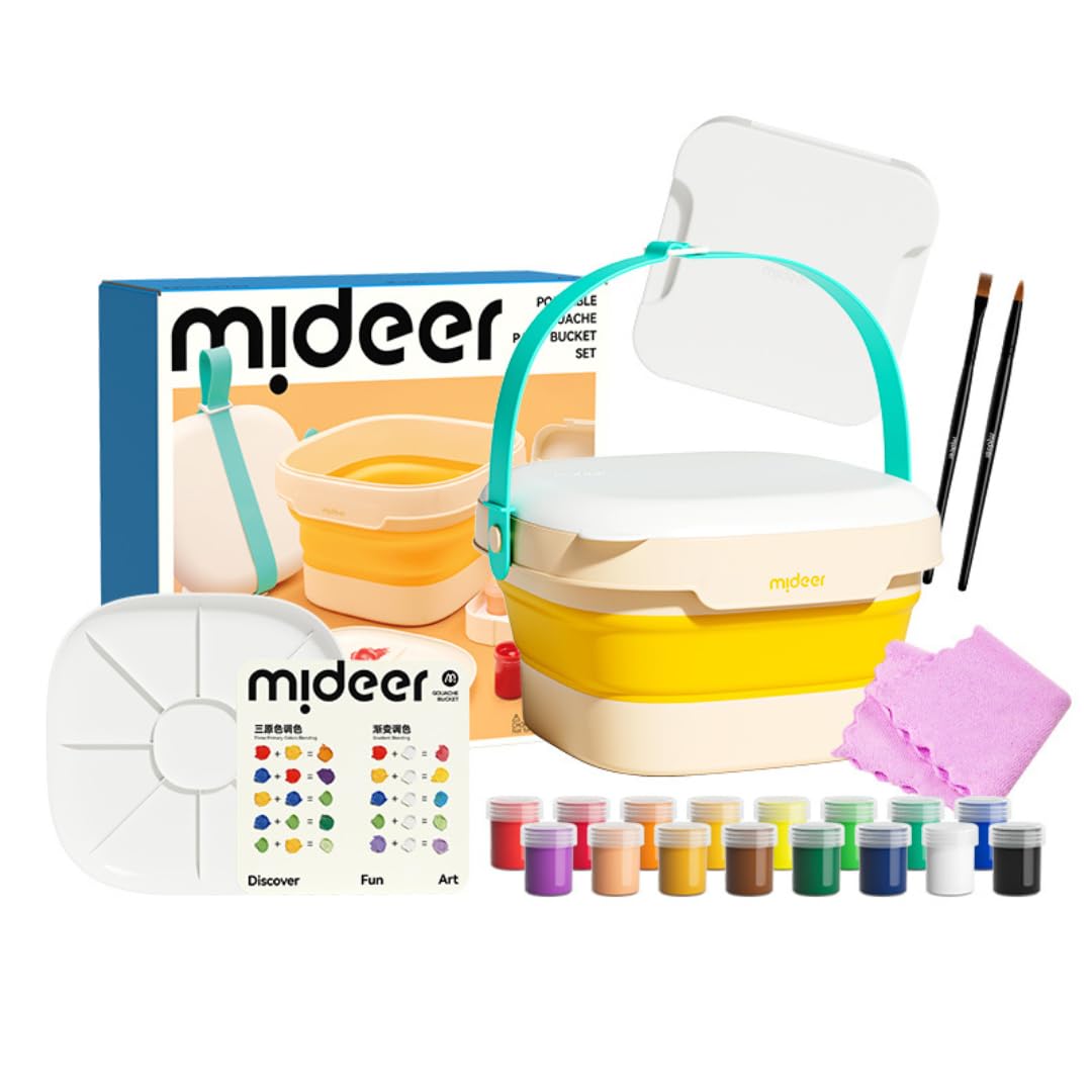Mideer Kit de peinture gouache – Ensemble complet avec peintures vibrantes de 20 ml, pinceaux de qualité professionnelle, palette, serviette de nettoyage et seau de transport pliable – Comprend un