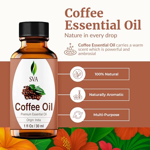 Image of SVA Coffee Essential Oil 1 Fl Oz - for Diffuser, Skin & Hair Care - Ideal for Massage & DIY Blends - with Dropper
