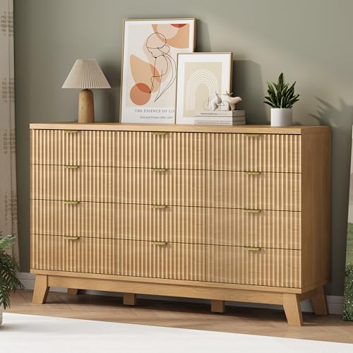 Image of Fluted Dresser for Bedroom with 12 Drawers, 57 inch Wide Modern Chest of Drawers with Metal Handle, Wooden Dresser TV Stand, Wood Closet Clothes Storage Organizer for Living Room, Hallway, Natural Oak