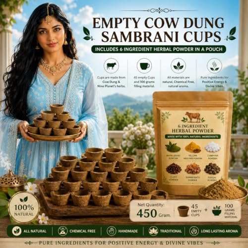 Image of Byre Cow Dung Panchgavya Sambrani Dhuni Cups (90 Pieces) with 250 Grams of Tulsi Leaves, Neem Leaves, Camphor, Sambrani Powder and Yellow Mustard (900) Gram