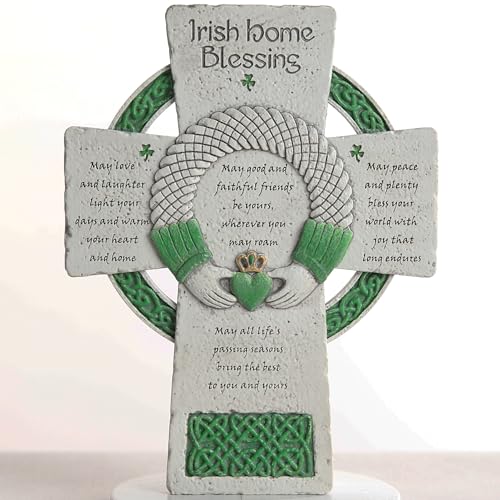 DevotedWalls 8 inch H Irish Blessing Cross,Celtic Cross with Prayer for Wall Hanging, Resin Ireland Home Decor Christian Croí with Wording, Celtic-Inspired Home Blessing Wall Decor, Irish Heritage Decorative Plaque（White & Green Color）