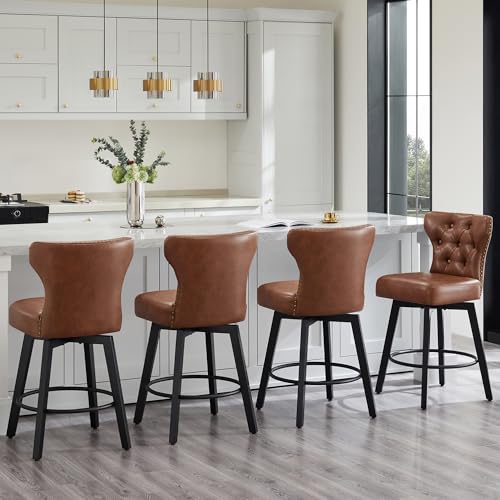 Counter Height Barstools 26 inch Upholstered Button Tufted Swivel Bar Stools with Back and Wood Legs for Kitchen Island,Set of 2,Brown-Nailhead Trim by KISLOT - Used condition - Image 5