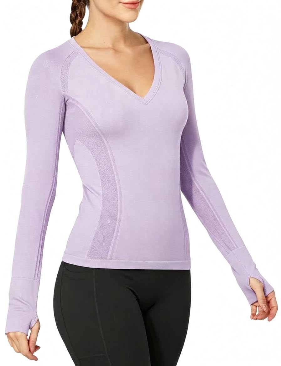 Workout Shirts for Women Long Sleeve, Workout Tops for Women, Quick Dry Gym Athletic Tops，Seamless Yoga Shirts XS-XL-v-Neck Dark Violet