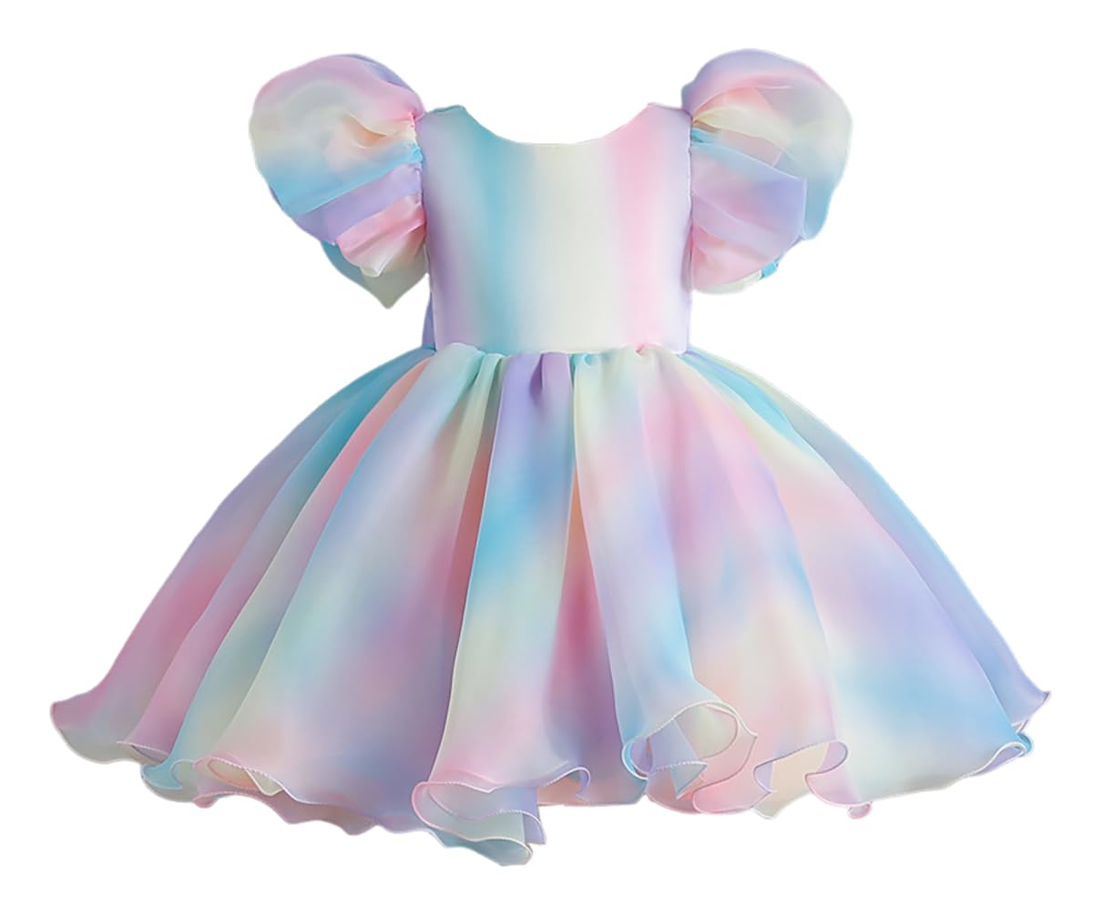 Symunnia Baby Girls Puff Sleeve Mini Princess Dress Bow Backless Fluffy Fairy Party Wedding Flower Girl Dress Summer Outfits(2T-3T,Multicolor)