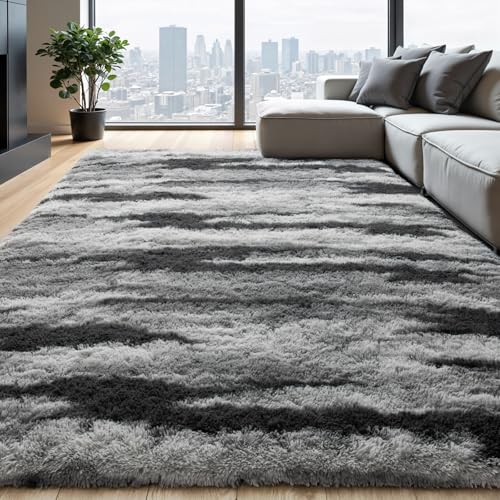 Zentavio Area Rugs for Living Room Large Rugs for Bedroom 6x9 Carpet Fluffy Fuzzy Soft Shag Aesthetic Plush High Pile Gray Throw Rug for Nursery Kids Room Dorm Waved Grey