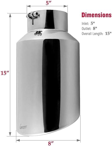 Miniatura 4 de Upower Punta de escape diésel de 5 a 8 pulgadas, universal, para automóvil, cromada, 5 pulgadas, entrada de 8 pulgadas, punta de escape de 15