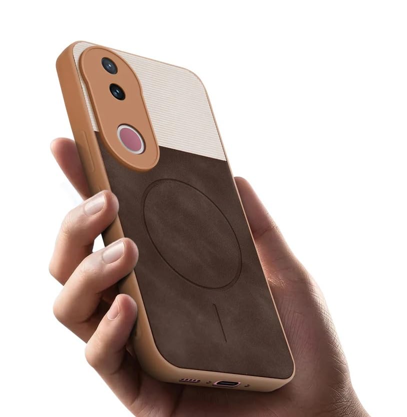 Image of Bintage CASE Dual-Leather Mac Safe Design Phone Case| Soft Touch Finish | Full Camera Protectection Back Cover Compatible for IQOO I2410 / Z10R /Vivo V50 5G - White & Choco Brown