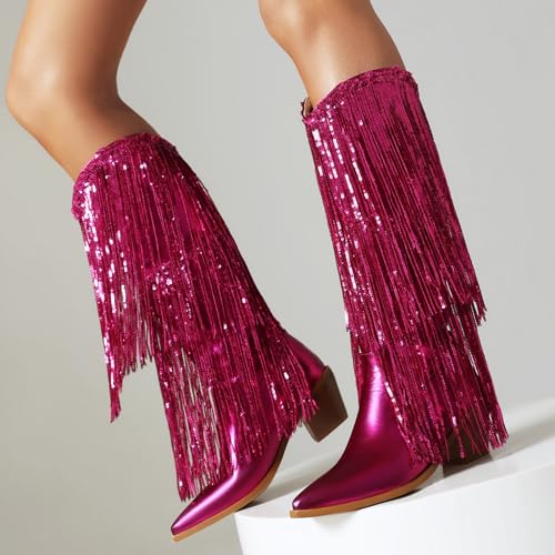KiutSymo Womens Fringe Metallic Cowboy Boots Pointed Toe Block Chunky Heel Tassel Cowgirl Western Mid Calf Boots Dress Party Boots4