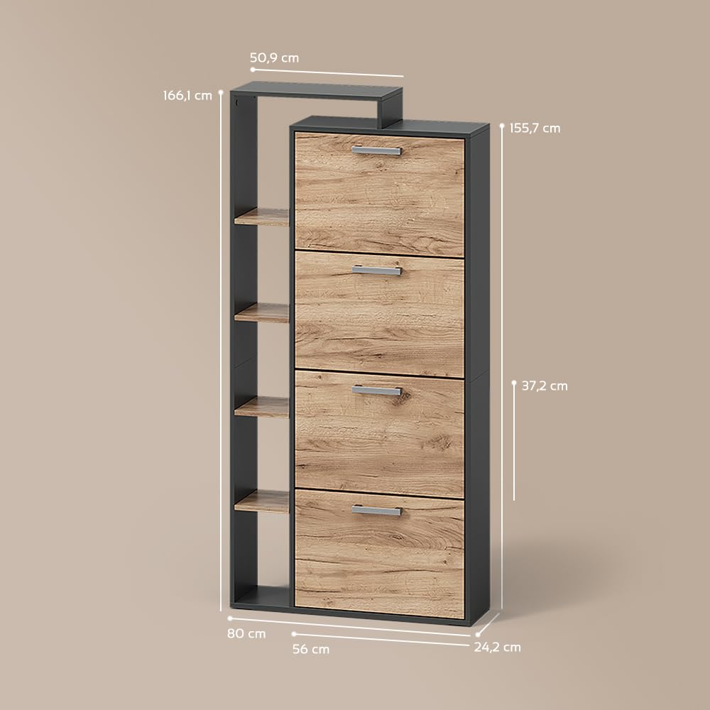 Livinity Zapatero Ortello, Oro power roble/antracita, 80 x 166.1 cm con 4 compartimentos