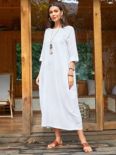 Image of Celmia Autumn Solid Loose Long Maxi Dress Cotton Caftan