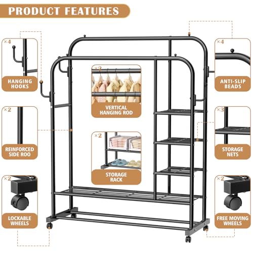 SavvyStor Clothes Rail with Wheels,150KG Metal Heavy Duty Clothes Rack With Double Hanging Clothing Rail, Shoe Rack, 4 Coat Hooks, Open Wardrobe Clothes Rails for Bedroom Shop Dorm, Black - Image 5