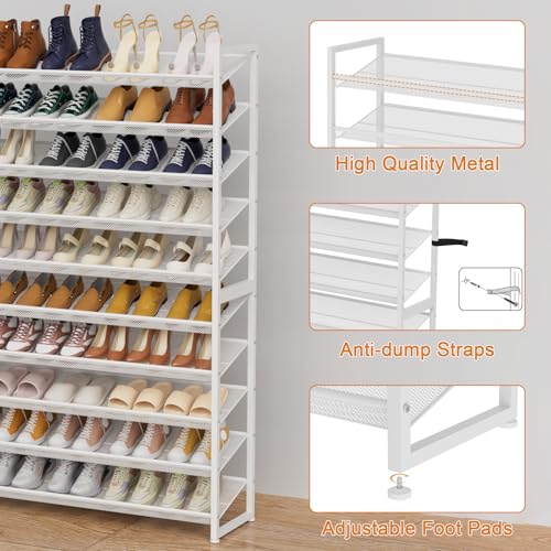 Image of Large Shoe Rack 10 Tier Shoe Organizer, Heavy Duty Metal 5-Tier Stackable Shoe Storage Vertical Shoe Rack for Closet Front Door Entrance, Up to 62 Pairs, 44.8 inch W x 11.4 inch D x 71.2 inch H, White