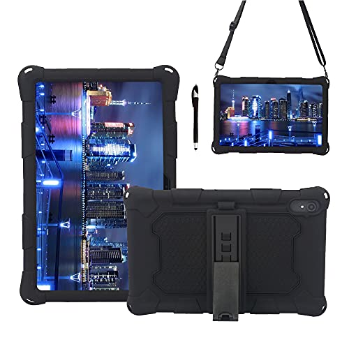 Coque Samsung Galaxy Tab S7 T870 antichoc en silicone noir avec bandoulière et support