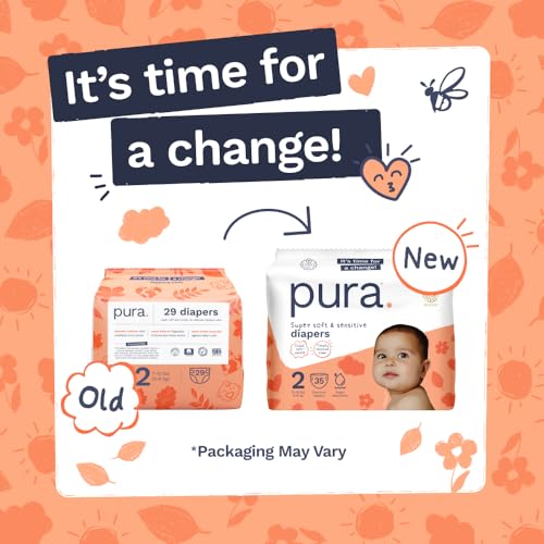Image of Pura Baby Diapers Size 2-70 Count, 12-18lbs, 12hr Leak Protection, Soft & Gentle Diapers for Hypoallergenic & Sensitive Baby Skin, Toxin-Free*, Organic Cotton, Blowout Blocker, Wetness Indicator
