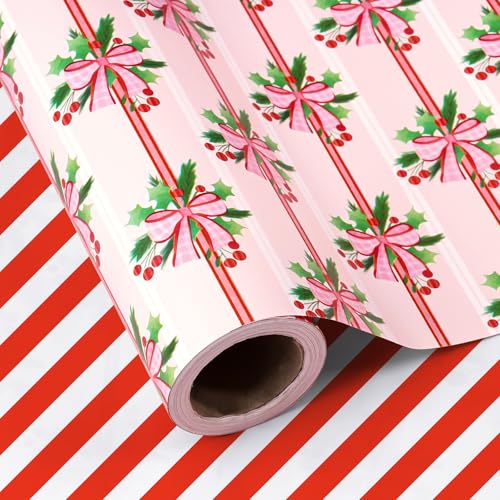 RUSPEPA Papel de presente de Natal reversível - mini rolo - 43,2 cm x 10 M - papel de presente com azevinho e laço vermelho para festas