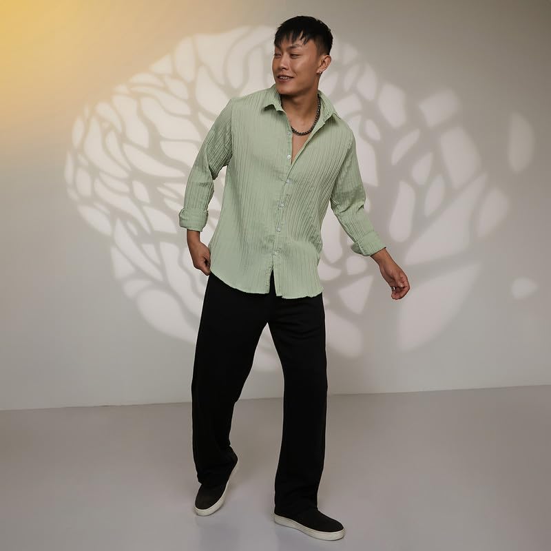 Image of CAHOOT Men's Veined-Textured Shirt | Casual Wear | Spread Collar | Long Sleeve | Button Closure | Shirt Crafted with Comfort Fit for Everyday Wear