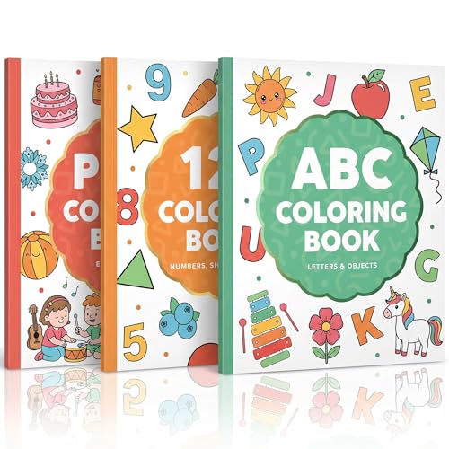 Fun Coloring Book for Kids - Set of 3 Cute Toddler Coloring Books with Big Simple Designs - Educational Activity Water Color Book with Themes for Alphabet, Numbers, Colors & Shapes for Boys and Girls