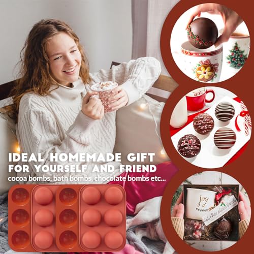 Image of Hot Chocolate Cocoa Bomb Molds Hemisphere Silicone 2 Inch 4 Pack, Semi Ball Mould 6 Cavity Large Circular, BPA Free Non-Stick Half Sphere Holiday Valentine DIY Cake Jelly Dome Mousse