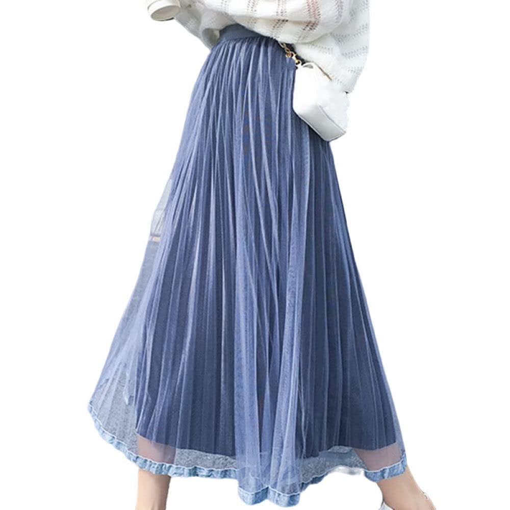 OZEO Röcke Damen,Damen Midirock Blau Hohe Taille Tüllnähte Samt Faltenrock Mode A-Linie Swing Rüschen Rüschen Lange Röcke Für Mädchen Damen Herbst,M