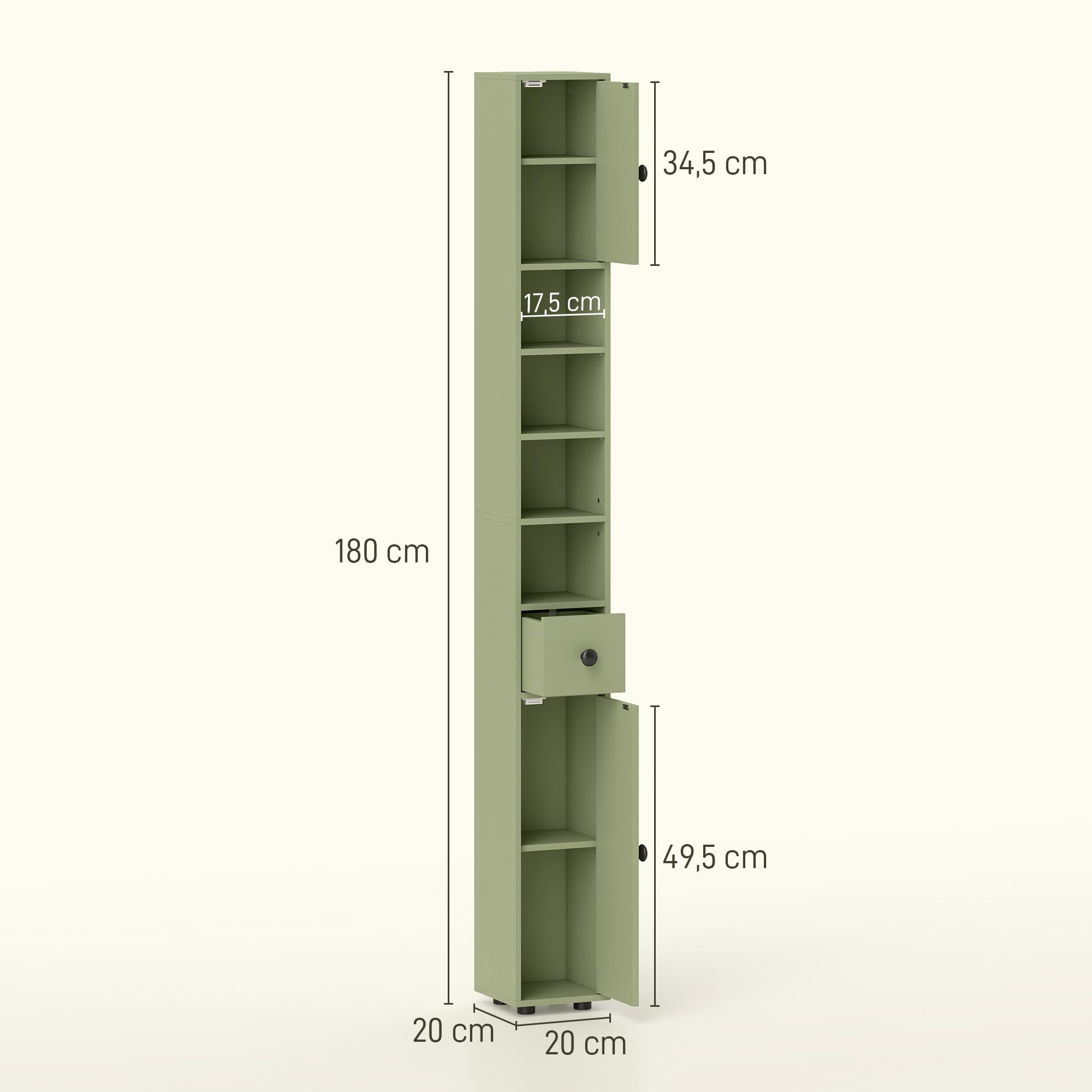 kleankin Armario de baño Alto 180cm, Delgado, 4 estantes Abiertos, Verde