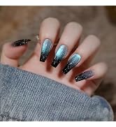press on nails long Square，cat eye press on nails，glossy nails，black and blue nails，Artificial Na...
