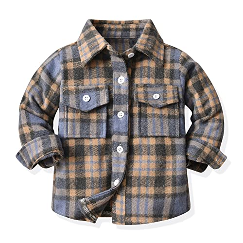Boys' & Men's Plaid Flannel Shirt, Long Sleeve Warm Top Jacket Family Matching Fall Spring Clothes (Blue, 5-6 Years)