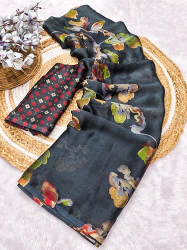 Image of SUPERLAXMI Women's Chiffon Floral Printed Saree with Blouse Piece