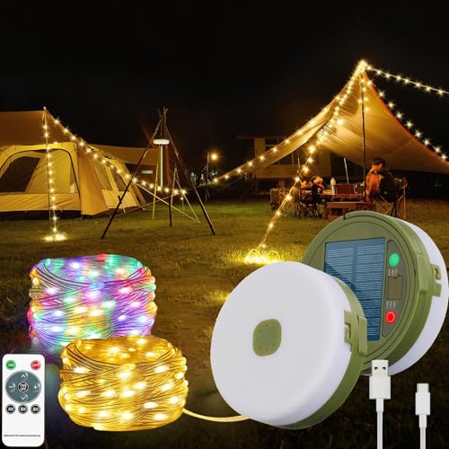 Solar Camping String Lights 10M 100LED 13 Modes Outdoor Waterproof String Lights with Remote Control 2000mAh Solar & USB Rechargeable Camping Fairy Lights for Tent Camping Garden