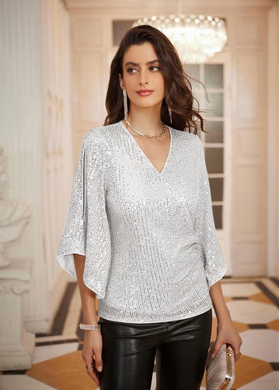 GRACE KARIN Womens Sparkly Sequin Tops,3/4 Sleeve Glitter Party Dressy Blouse,V-Neck Disco Evening Club Concert Shirt - Image 6