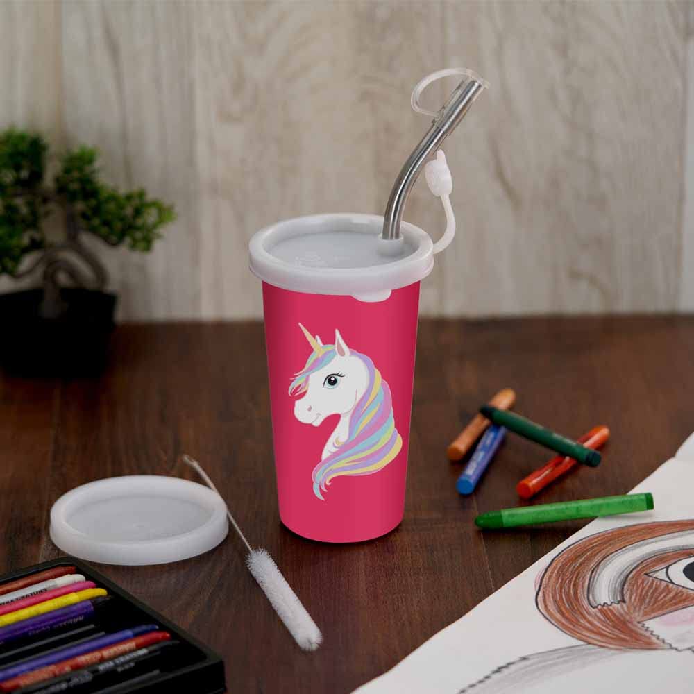 PDDFALCON Unicorn Sipper Glass Cartoon, 100% Leakproof BIS Certified, Jindal Seal & Made in India (Pink) - 450ml (CN5Straw) 1