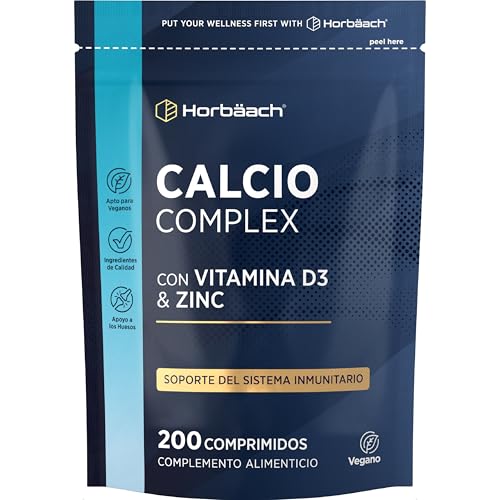 Calcio Magnesio Zinc y Vitamina D3 Vegana | Soporte Inmunológico | Soporte Muscular y de los Huesos | 200 Comprimidos Veganos | de Horbaach