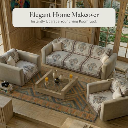 Image of Kuber Industries 5 Seater Sofa Cover | Velvet Slipcover for Living Room | Thick & Cozy | Non-Slip Comfort Sofa Cover Set | Digital Painting Juliet 1186 - Cream & Brown