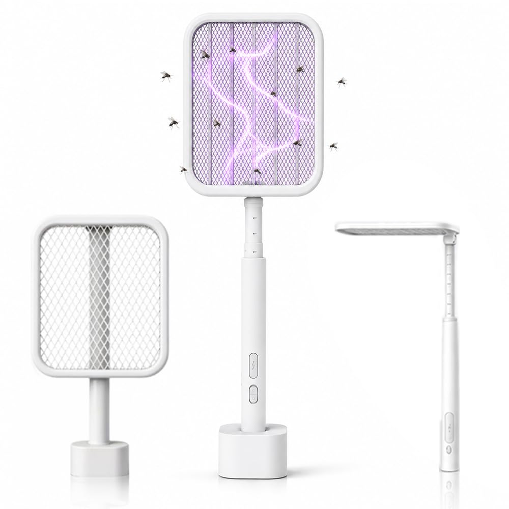 Elektrische Fliegenklatsche, SGZIOO Faltbar Fliegenklatsche Elektrisch mit Teleskopverlängerung und Sockel, Electric Fly Swatter mit UV Mückenfalle, 1200 mAh Wiederaufladbar, für Drinnen und Draußen