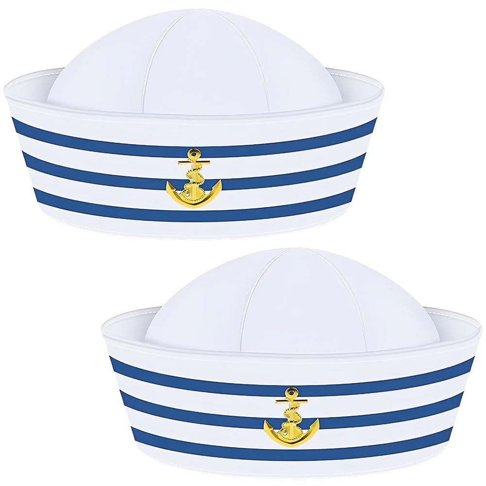 CREATCABIN 2Pcs Sail Hats Blue with White Stripe Sailor Hat Ship Captain Cloth Caps Costumes Skipper Cap for Boat Yacht Party Accessory Halloween Cosplay Dressing up Men Women 22x3Inch