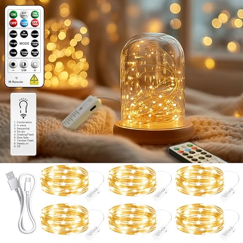 ZSJWL 6 Pack Rechargeable Fairy Lights with Remote & DIY Timer 7Ft 20LED Mini Battery String Light Twinkle Silver Copper Wire Lights for Wedding Party Bedroom Christmas Table Decoration(Warm White)