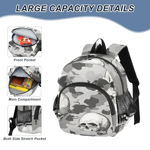 Kid's Backpack for Boys & Girls Toddler Bag Graphic Skulls Gray Camouflage Backpack with Safety Leash4