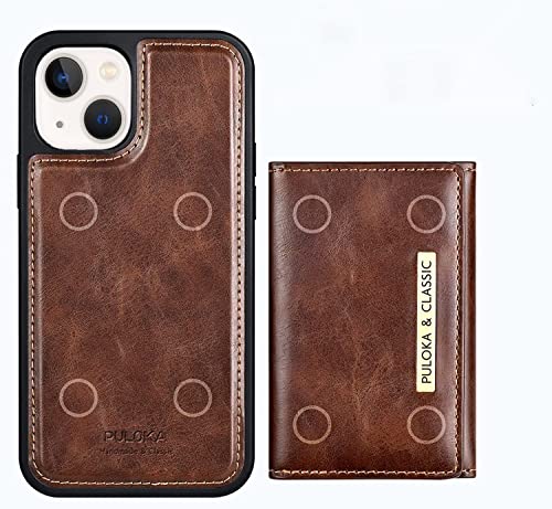 Image of PULOKA Wallet Back Case - Compatible with iPhone 14 - Vegan Leather Phone Cover - Detachable Card Holder Case with Kickstand - Shockproof, Anti Scratch & Raised Edges for Protection - Brown