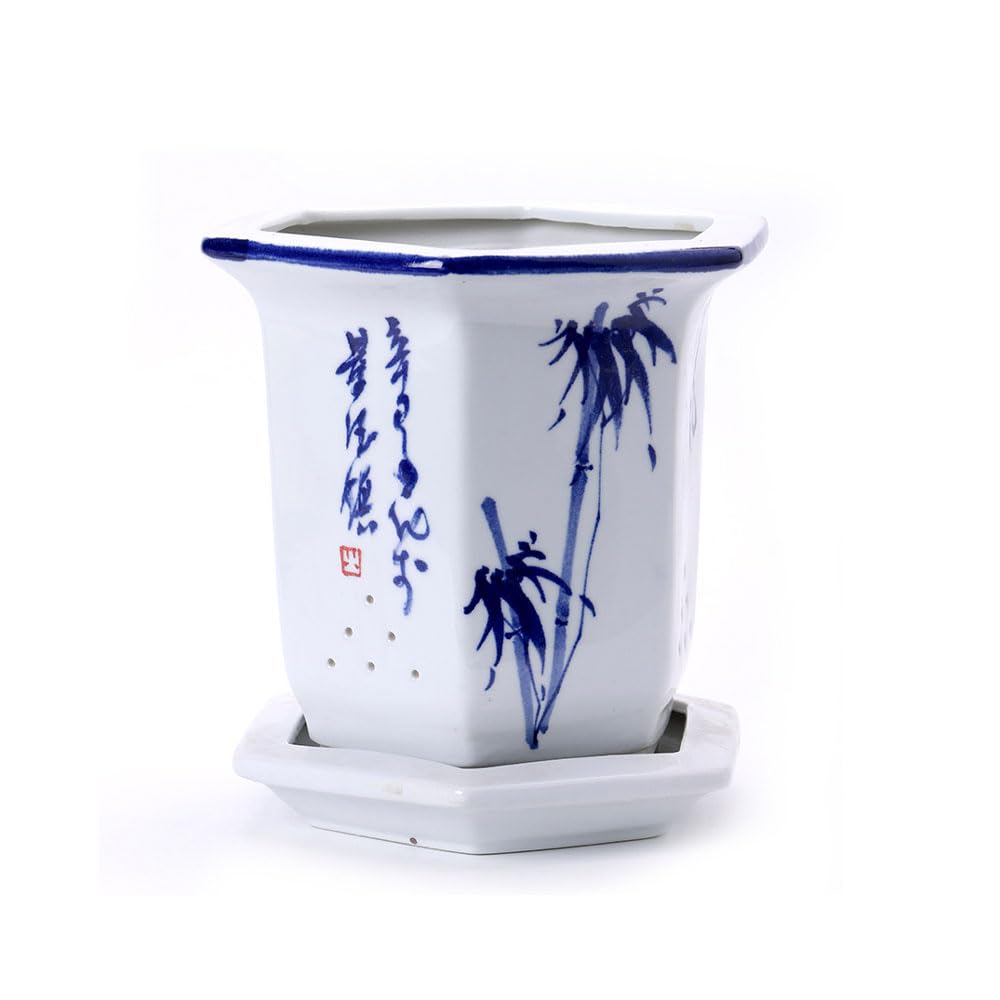DFGHNBVC Chinoiserie Blue And White Porcelain Plant Pots With Drainage Holes And Drainage Tray For Indoor And Outdoor Plants, Hexagon Ceramic Flower Pots,White