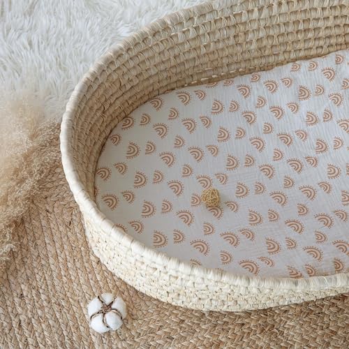 Image of Muslin Bassinet Fitted Sheets 2 Pack, Soft Breathable Cotton Baby Bassinet Mattress Sheet Set, 360 Elastic Snug Fit, Universal for Oval, Rectangle (Lattice Rainbow, Bassinet Sheets 2 Pack)