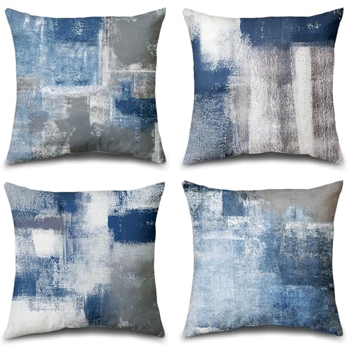Balaena Set of 4 Blue and Grey Abstract Art Artwork Pillow Cover 18 x 18 Inch Gallery Modern Decorative Throw Pillows Cushion Cover for Bedroom Sofa Living Room